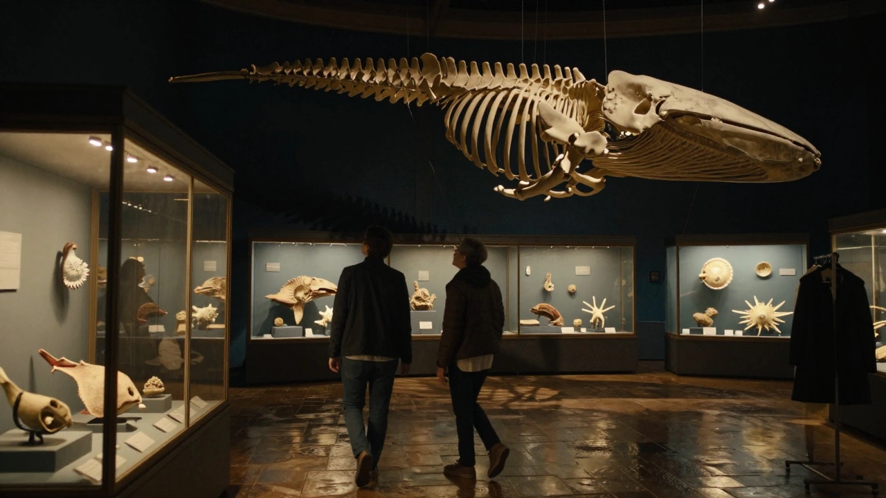 A private tour of the Oceanographic Museum in Monaco, with soft lighting on marine exhibits.