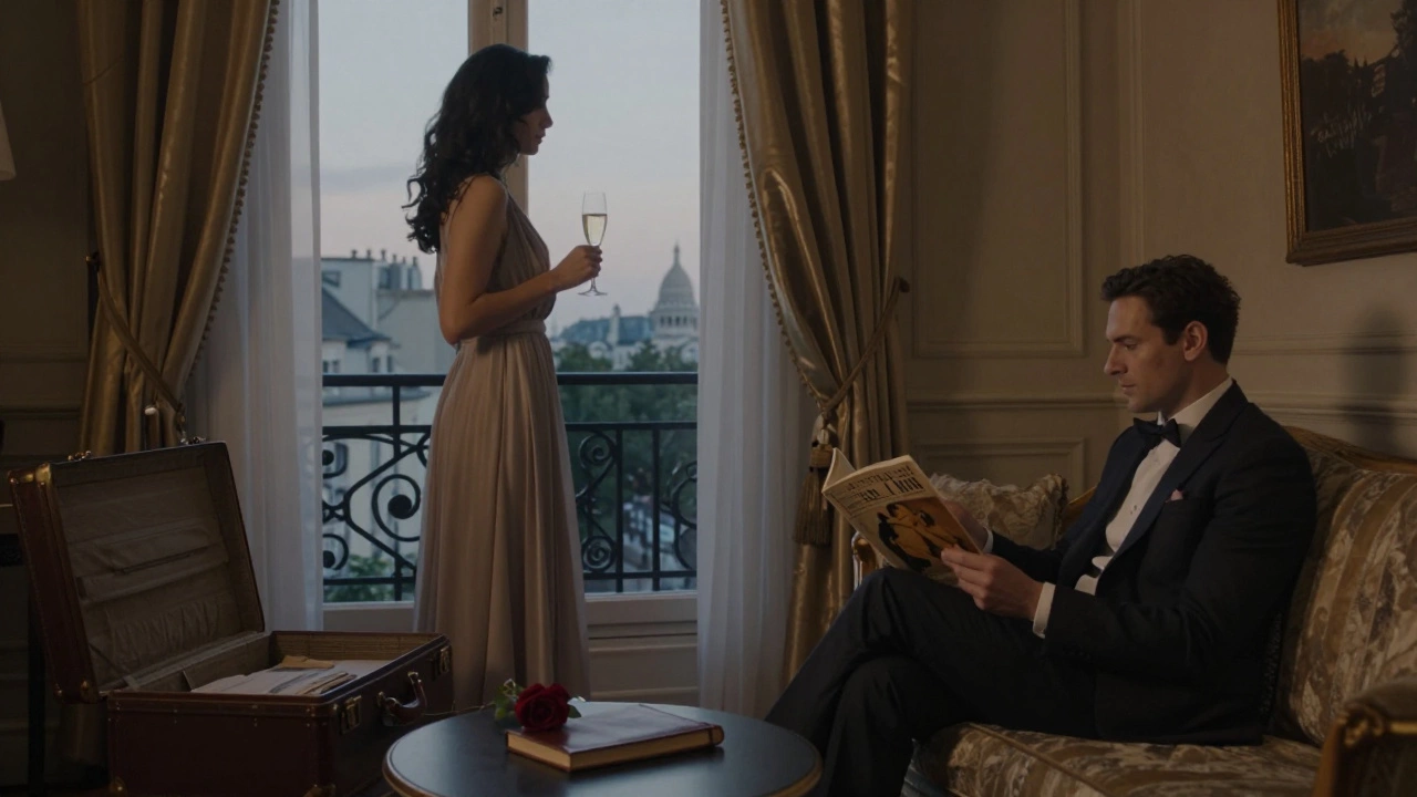 An elegant hotel room in Montmartre with a woman by the window and a man reading an art guide.