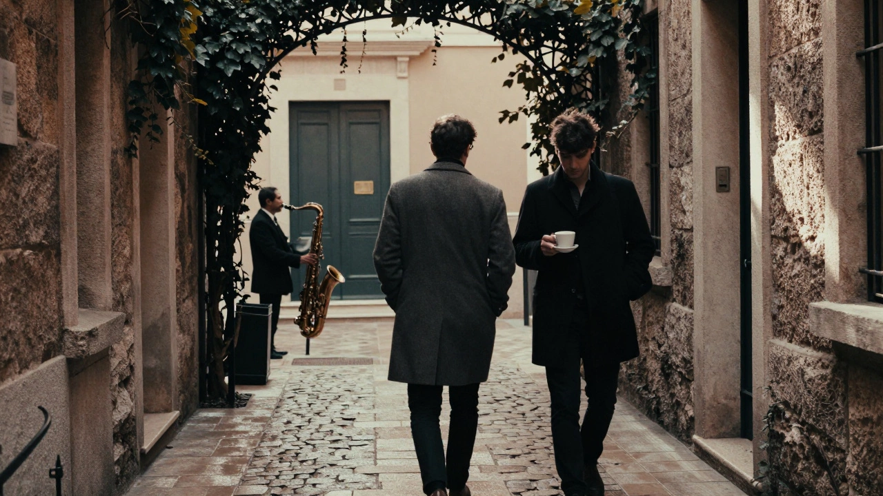 Two figures walking silently through a misty alley in Monte Carlo at dawn, coffee in hand.